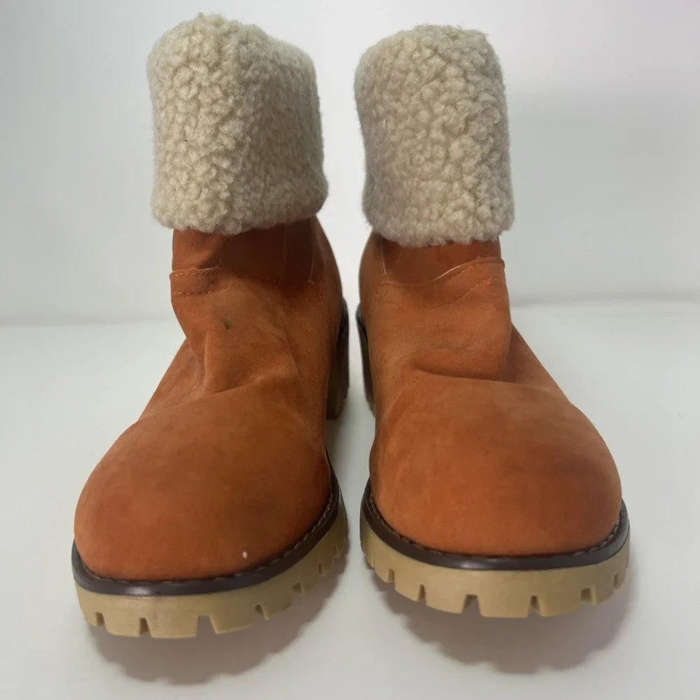 Orange Faux‎ Suede Ankle Boots Women's Sz EU 40, US 8 Sherpa Lined, Chunky Heel
